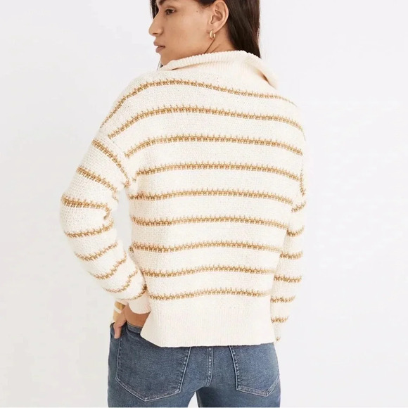 Madewell Sweater Canby Button Mockneck Sweater in Stripe tan size Medium (m) - Picture 3 of 10